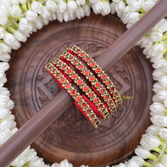 Vriksham Diagonal Shape & Side Two Doted Gold-Toned Crystal Bangles-Red-G20895