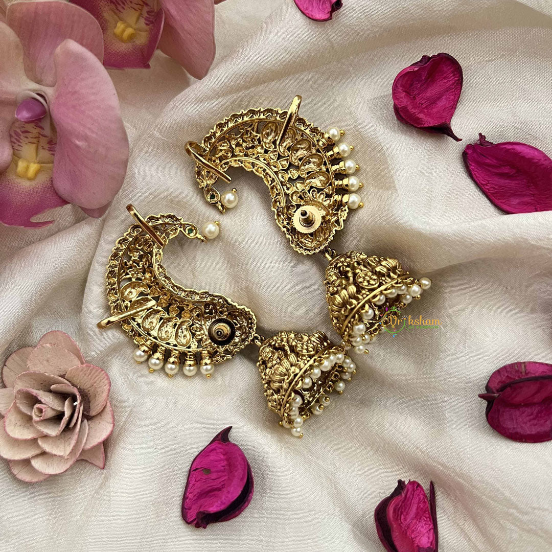 Vriksham Classic Lakshmi Carved Heritage Jhumkas With Ear Cuffs-Red-Pearl-G20190