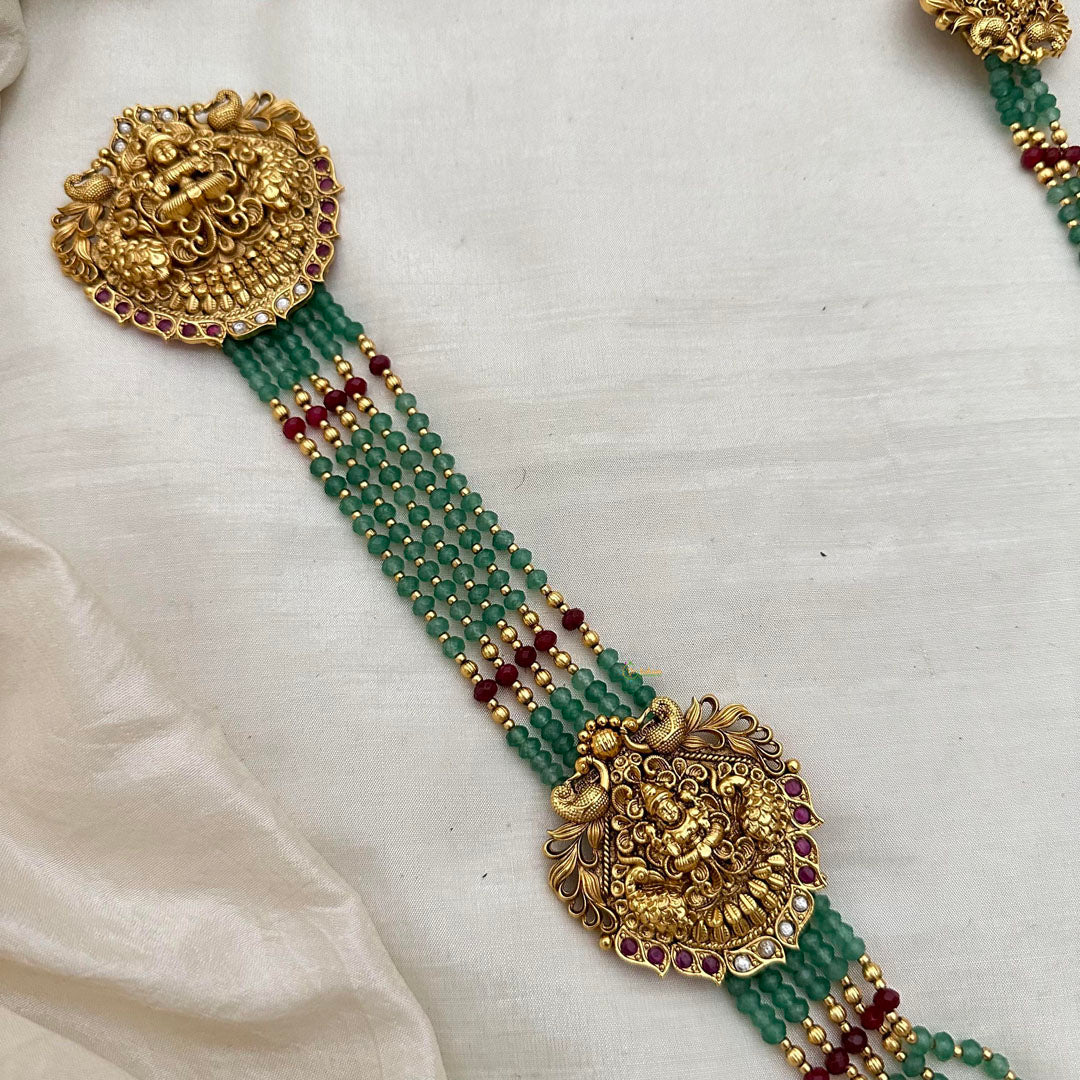 Multilayer Lakshmi Jada Billai Bridal Hair Accessory-Red Pastel Green Beads-G13127