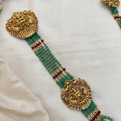 Multilayer Lakshmi Jada Billai Bridal Hair Accessory-Red Pastel Green Beads-G13127