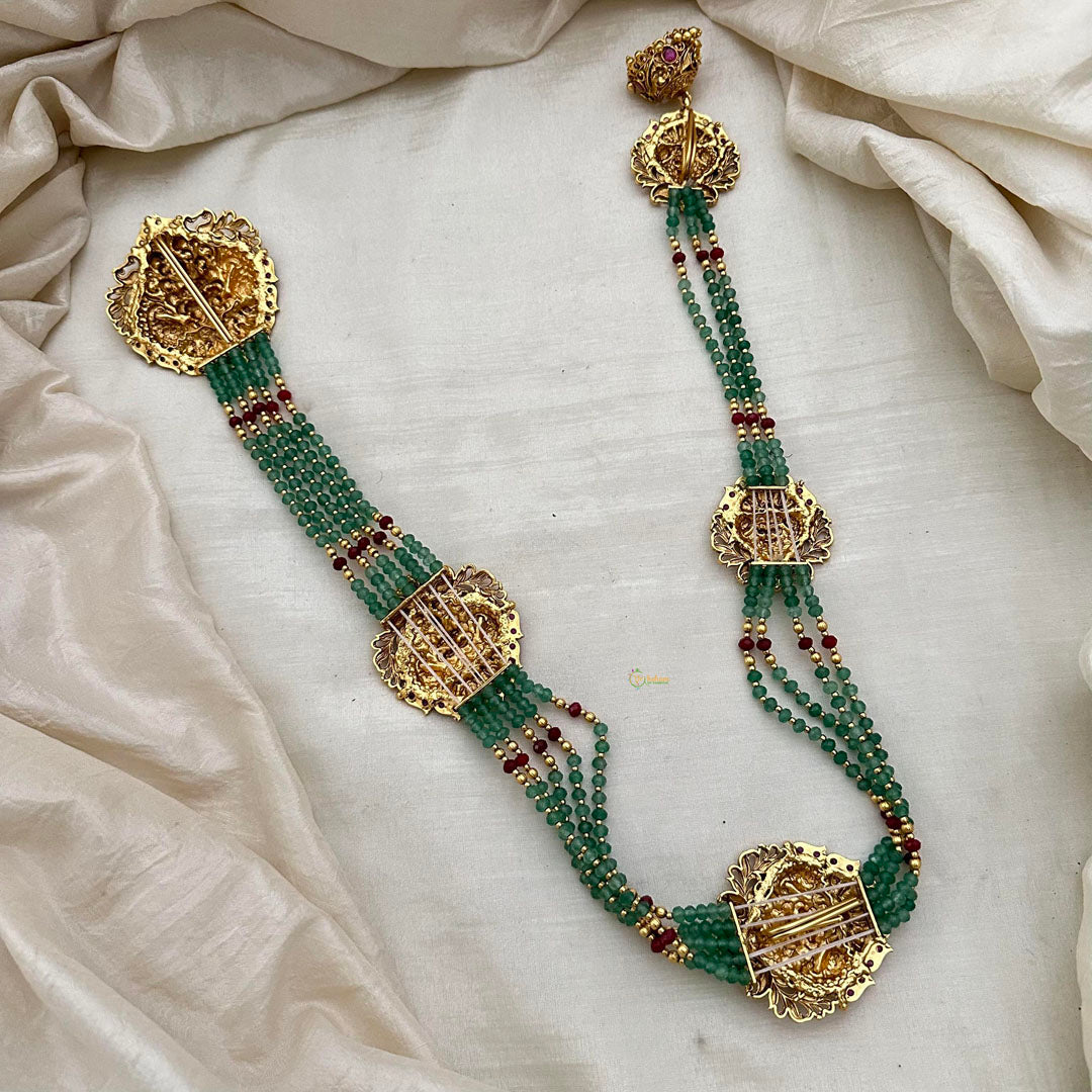 Multilayer Lakshmi Jada Billai Bridal Hair Accessory-Red Pastel Green Beads-G13127