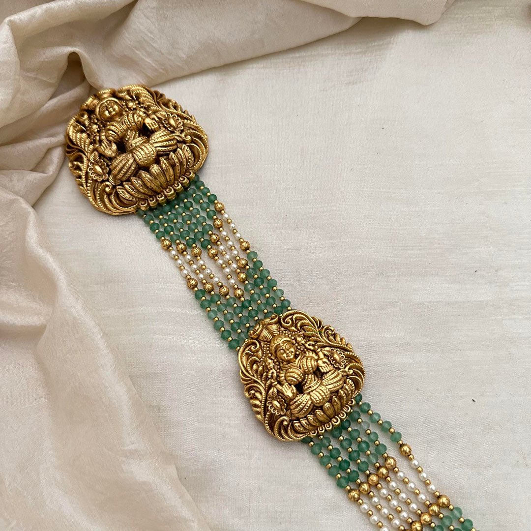Multilayer Lakshmi Jada Billai Bridal Hair Accessory-Pearl-Pastel Green Beads-G13128