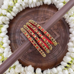 Vriksham Diagonal Shape & Doted Gold-Toned Crystal Bangles-Red-G20893