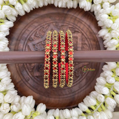 Vriksham Diagonal Shape & Doted Gold-Toned Crystal Bangles-Red-G20893