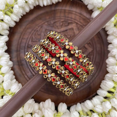 Vriksham Floral & diagonal Statement Gold-Toned Crystal Bangles-Red-G20900