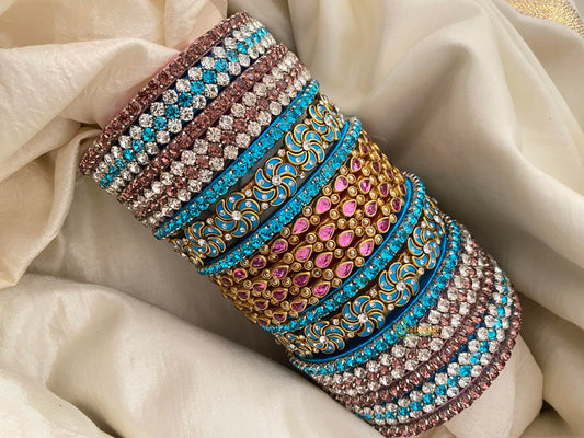 Silk Thread Blue Pink Kundan Bridal Bangle-G12313