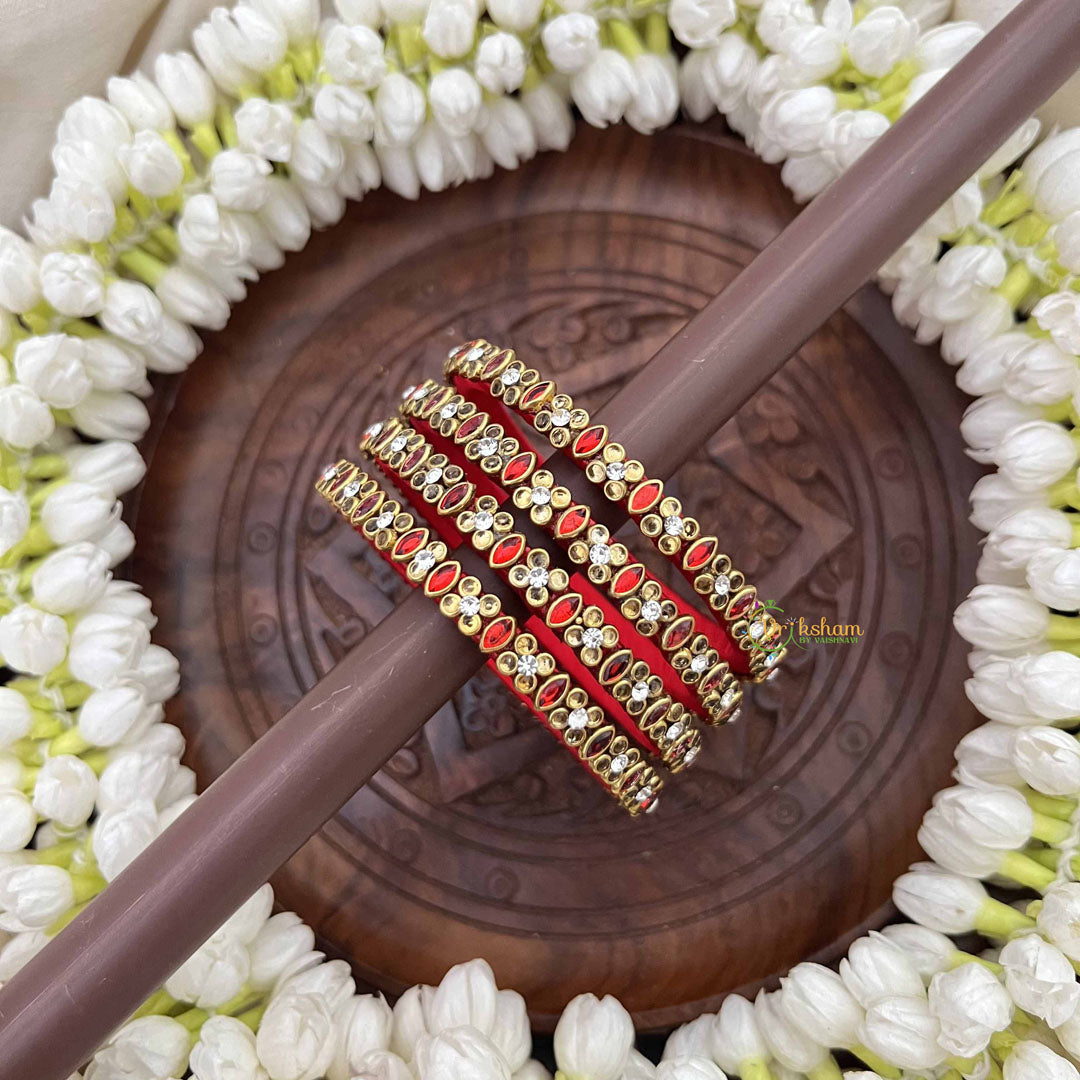 Vriksham Floral & Diya Statement Gold-Toned Crystal Bangles-Red-G20901
