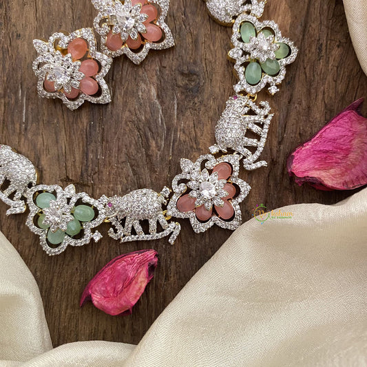 Vriksham Antique AD Stone Elephant Short Neckpiece-Pastel Green & Pink-G16356