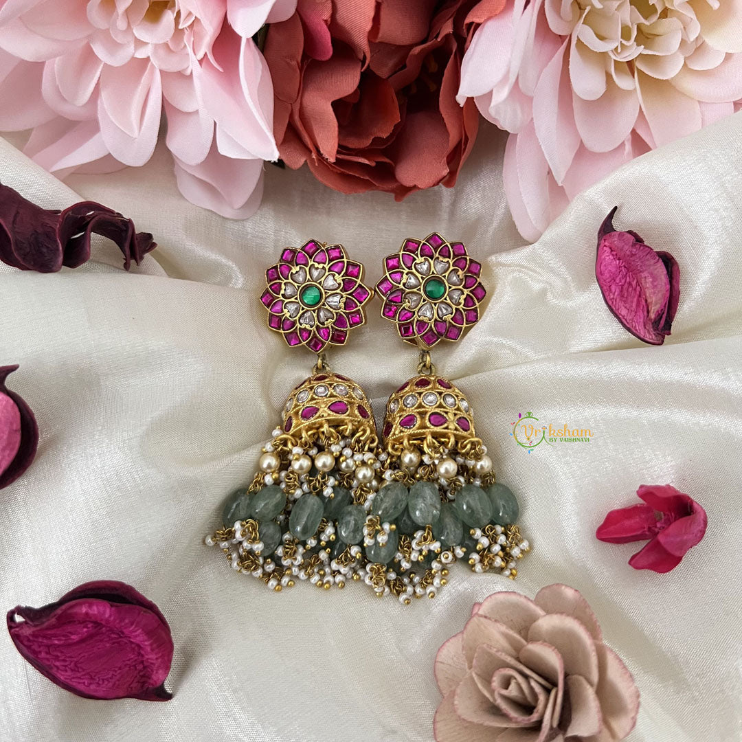 Vriksham Exquisite Floral Kundan Jadau Jhumka-Red Green & White-Pearls-Aqua Green Bead-J3208