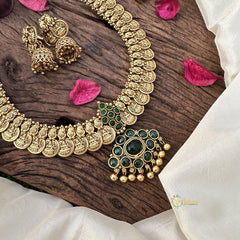 Vriksham Lakshmi Coin Neckpiece with Green Kemp Stone Pendant-Gold Beads-G16147