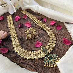 Vriksham Lakshmi Coin Neckpiece with Green Kemp Stone Pendant-Gold Beads-G16147