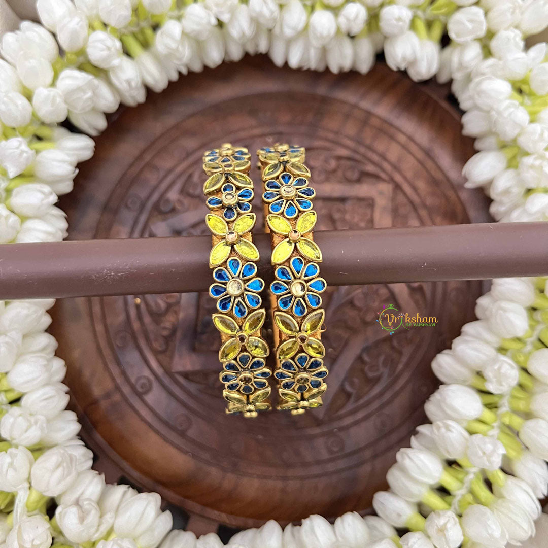Vriksham Floral Festive Gold-Toned Crystal Bangles-Parrot Green & Blue-G20925