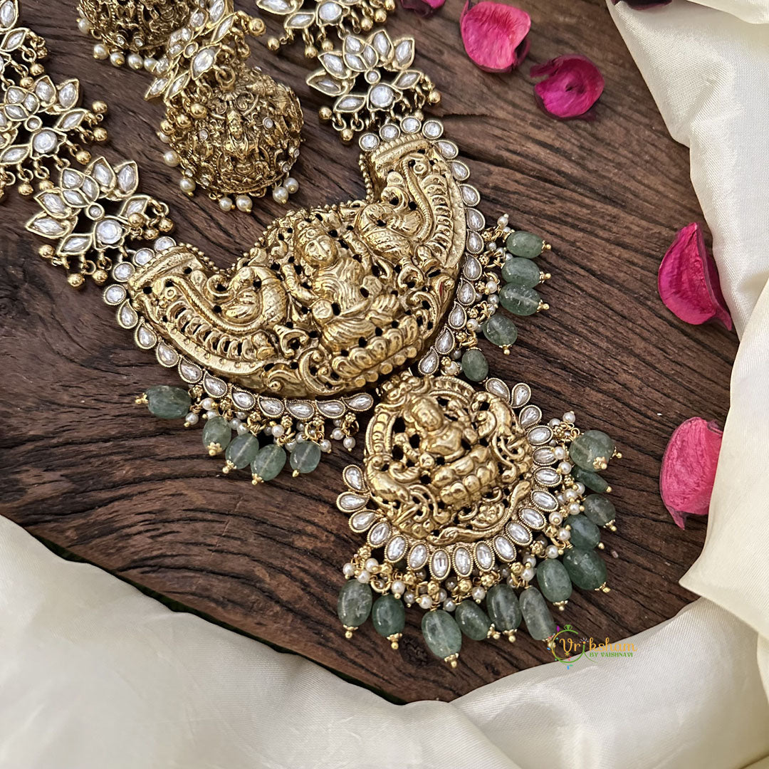 Vriksham Lakshmi with Dual Peacock Pendant Kundan Long Neckpiece-White-Green Beads-G16141