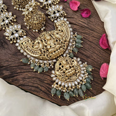 Vriksham Lakshmi with Dual Peacock Pendant Kundan Long Neckpiece-White-Green Beads-G16141