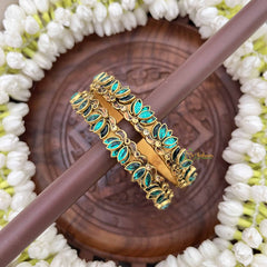 Vriksham Lotus Blossom Gold Floral Style Bangles Set-Aqua Blue-G20917