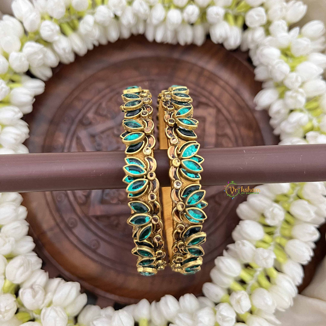 Vriksham Lotus Blossom Gold Floral Style Bangles Set-Aqua Blue-G20917