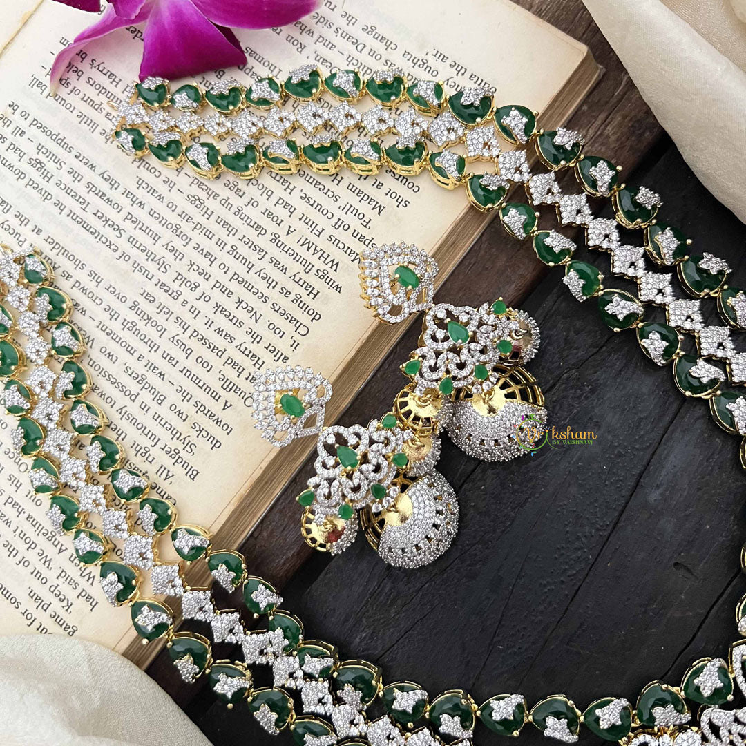 Vriksham Peacock Features Dual Rows Heart-Shaped intricately AD Diamonds Bridal Haram-Green-G20215