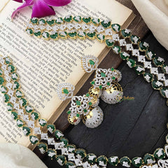 Vriksham Peacock Features Dual Rows Heart-Shaped intricately AD Diamonds Bridal Haram-Green-G20215