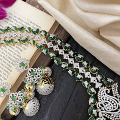 Vriksham Peacock Features Dual Rows Heart-Shaped intricately AD Diamonds Bridal Haram-Green-G20215