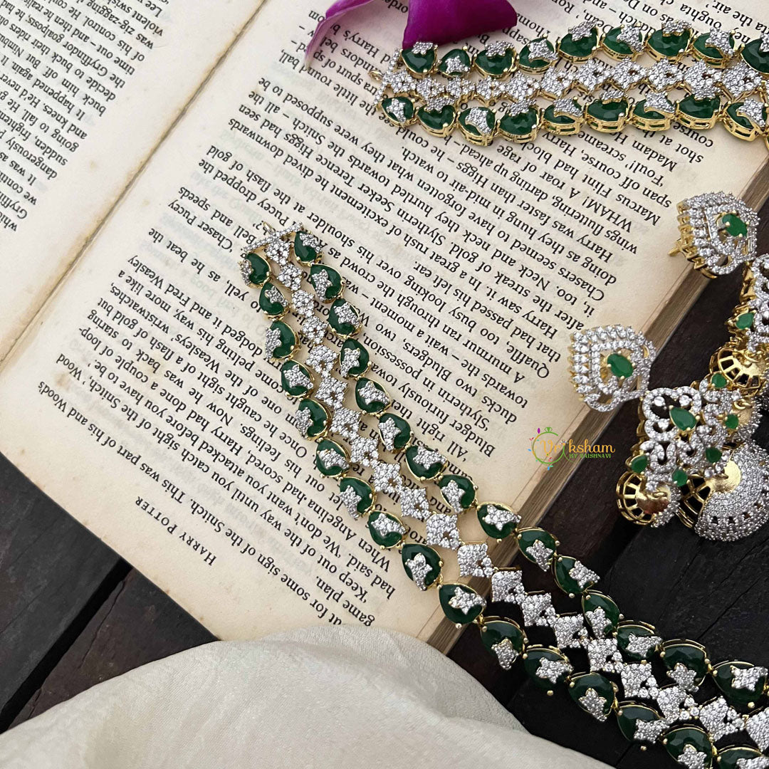 Vriksham Peacock Features Dual Rows Heart-Shaped intricately AD Diamonds Bridal Haram-Green-G20215