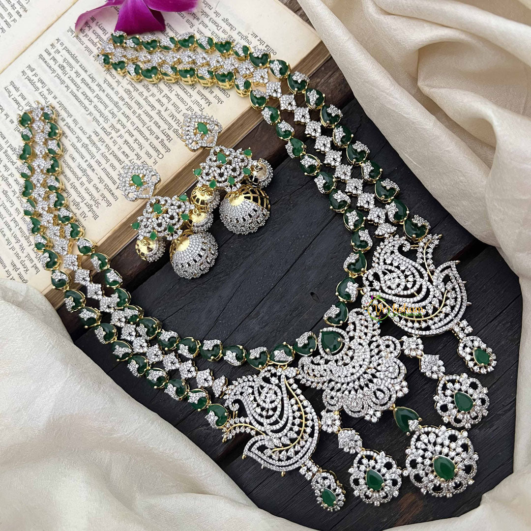 Vriksham Peacock Features Dual Rows Heart-Shaped intricately AD Diamonds Bridal Haram-Green-G20215