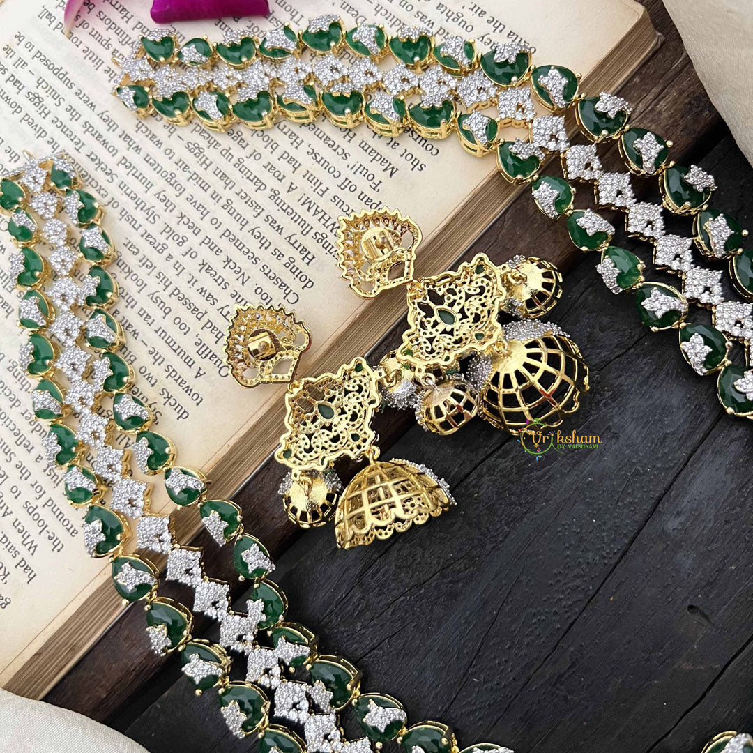 Vriksham Peacock Features Dual Rows Heart-Shaped intricately AD Diamonds Bridal Haram-Green-G20215