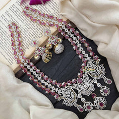 Vriksham Peacock Features Dual Rows Heart-Shaped intricately AD Diamonds Bridal Haram-Red-G20216