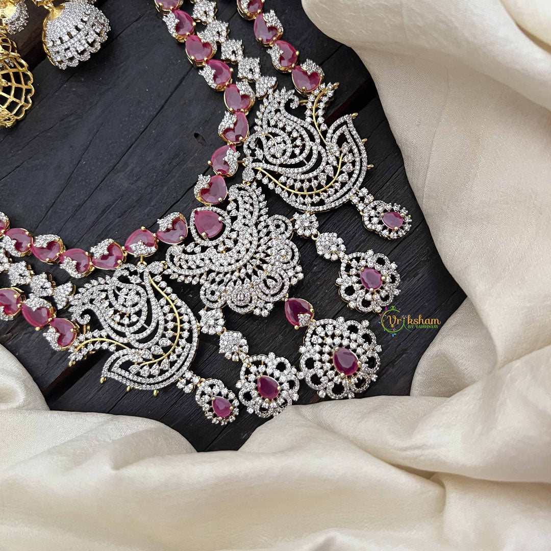 Vriksham Peacock Features Dual Rows Heart-Shaped intricately AD Diamonds Bridal Haram-Red-G20216