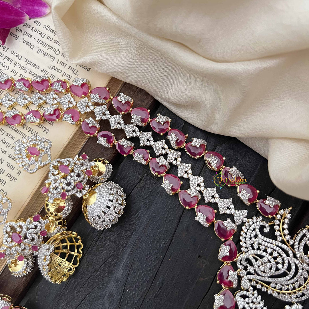 Vriksham Peacock Features Dual Rows Heart-Shaped intricately AD Diamonds Bridal Haram-Red-G20216