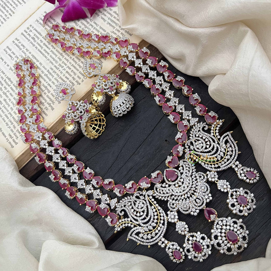 Vriksham Peacock Features Dual Rows Heart-Shaped intricately AD Diamonds Bridal Haram-Red-G20216