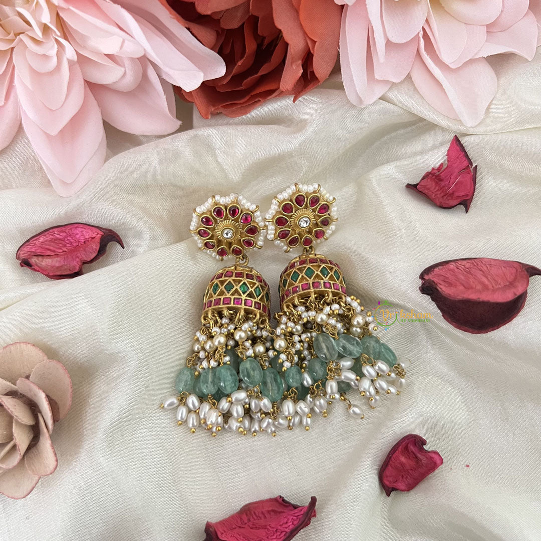 Vriksham Elegant Floral Kundan Jadau Jhumka-Red Green & White-Aqua Green Bead-Rice Pearls-J3211