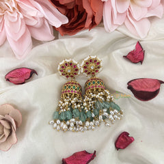 Vriksham Elegant Floral Kundan Jadau Jhumka-Red Green & White-Aqua Green Bead-Rice Pearls-J3211