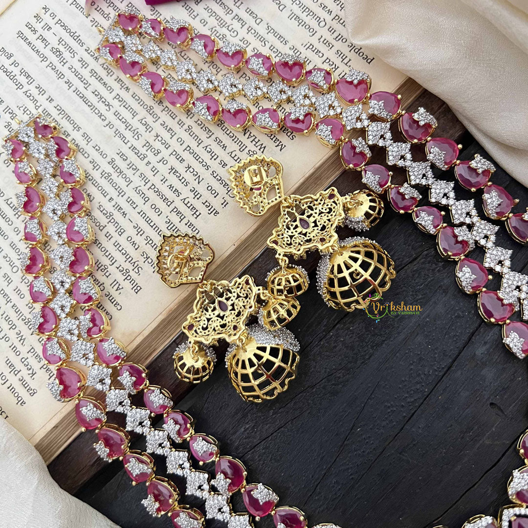 Vriksham Peacock Features Dual Rows Heart-Shaped intricately AD Diamonds Bridal Haram-Red-G20216
