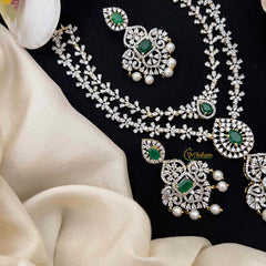 Vriksham Double Layered American Diamond With Pearl-Embellished Pendant Short Neckpiece-Green-G21570