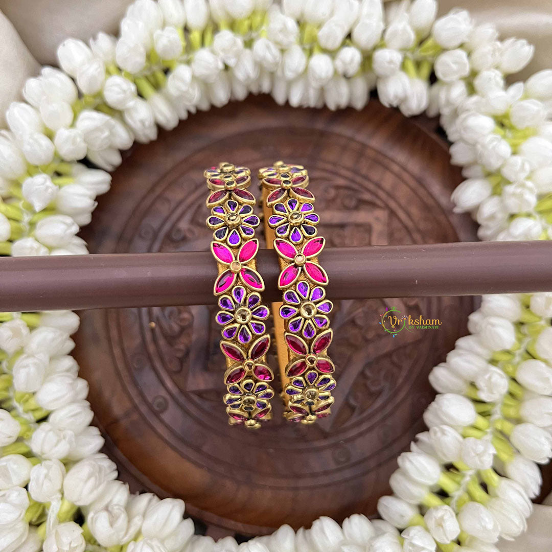 Vriksham Floral Festive Gold-Toned Crystal Bangles-Lavender & Pink-G20924