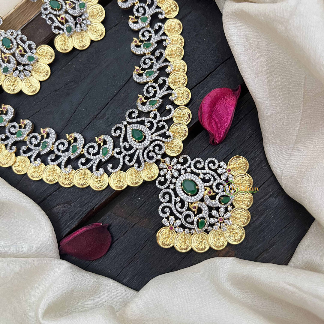 Vriksham Designer Peacock With Lakshmi Coin American Diamond Haram-Green-G20224