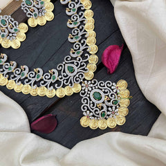Vriksham Designer Peacock With Lakshmi Coin American Diamond Haram-Green-G20224