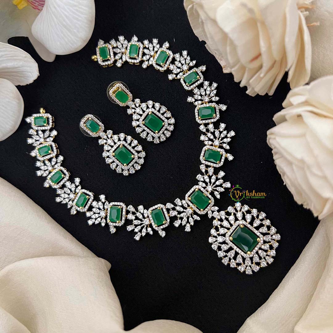 Vriksham Simple Emerald-Cut Crystal With Halo Pendant & Rectangular Drop Pendant Short Neckpiece-G21572