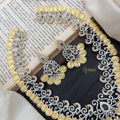 Vriksham Designer Peacock With Lakshmi Coin American Diamond Haram-Green-G20224