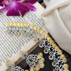 Vriksham Designer Peacock With Lakshmi Coin American Diamond Haram-Green-G20224