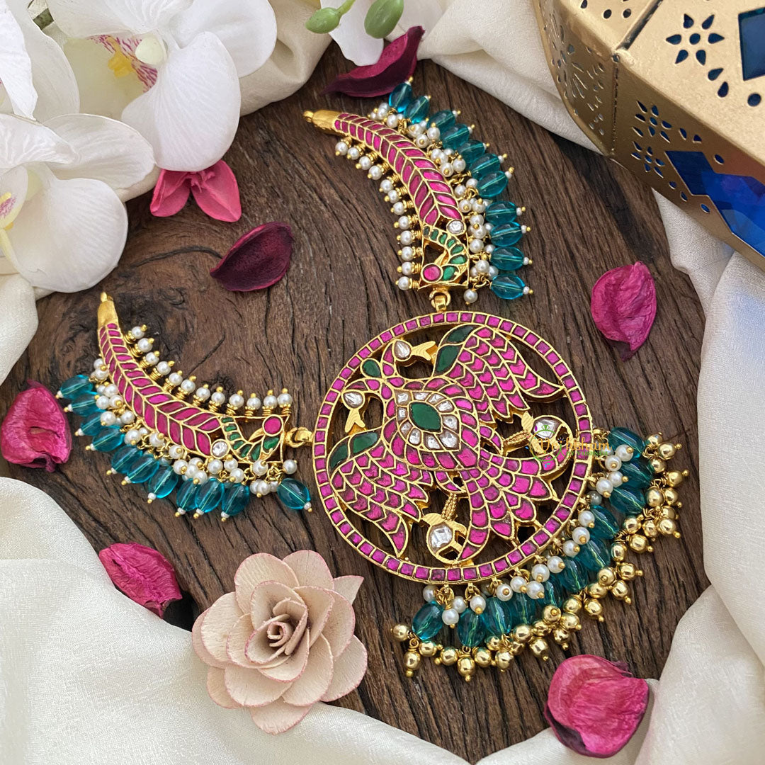 Vriksham Dual Bird Kundan Jadau Hasli Neckpiece-Turquoise Bead-J2826