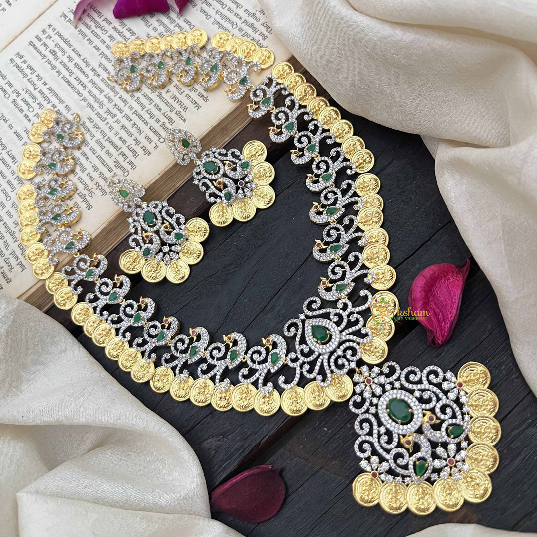 Vriksham Designer Peacock With Lakshmi Coin American Diamond Haram-Green-G20224