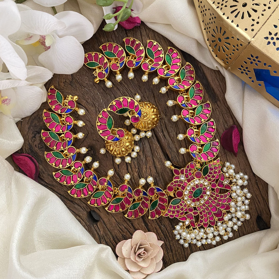 Vriksham Dual Peacock Pendant Kundan Jadau Neckpiece-White Pearl-J2827