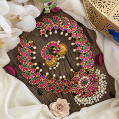 Vriksham Dual Peacock Pendant Kundan Jadau Neckpiece-White Pearl-J2827