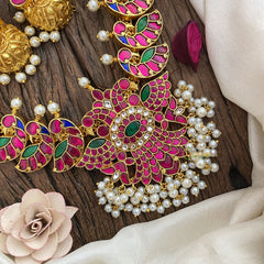 Vriksham Dual Peacock Pendant Kundan Jadau Neckpiece-White Pearl-J2827