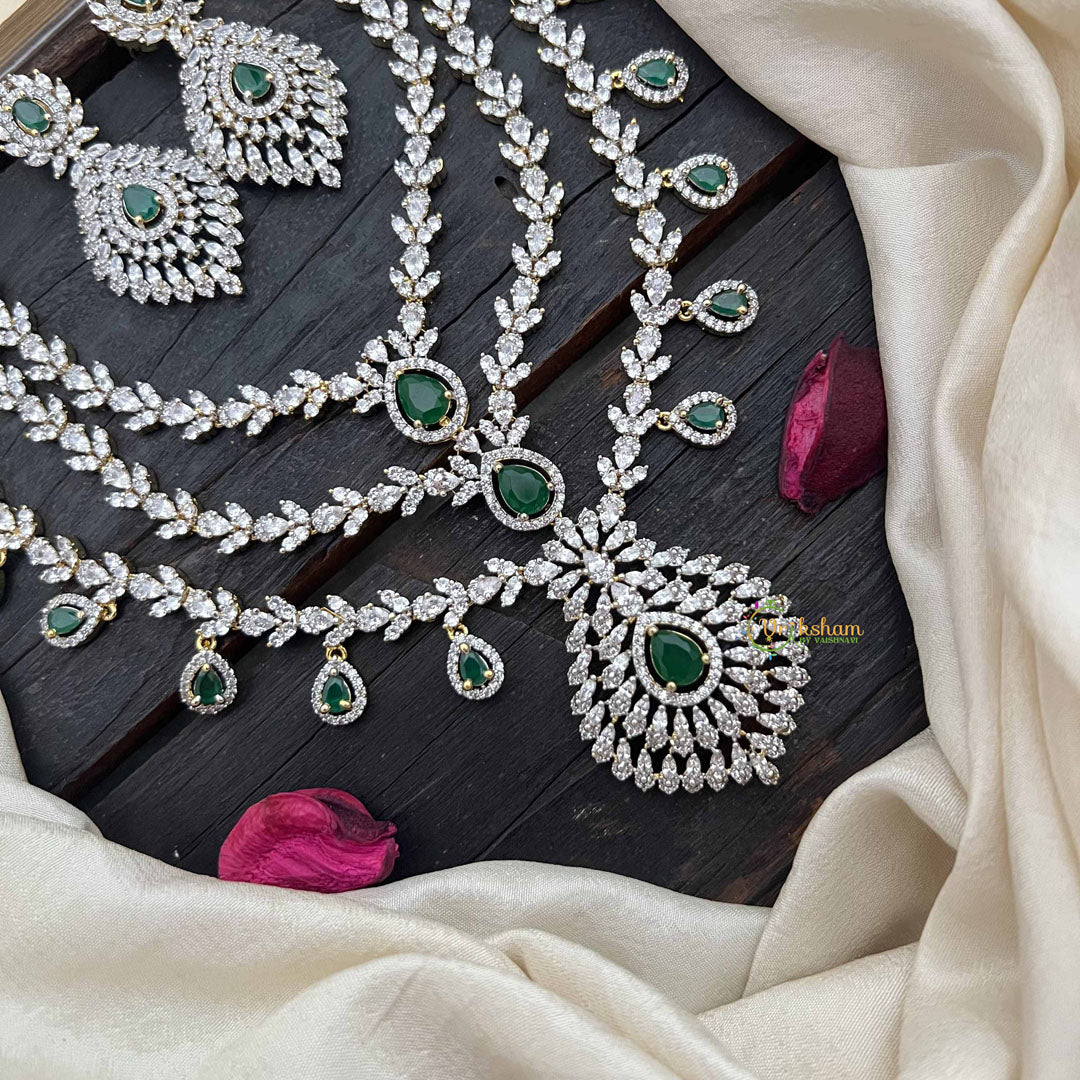Vriksham Elegant Pear Drop Green Emerald & AD Stones 3 Layer Bridal Haram Neckpiece-G20219