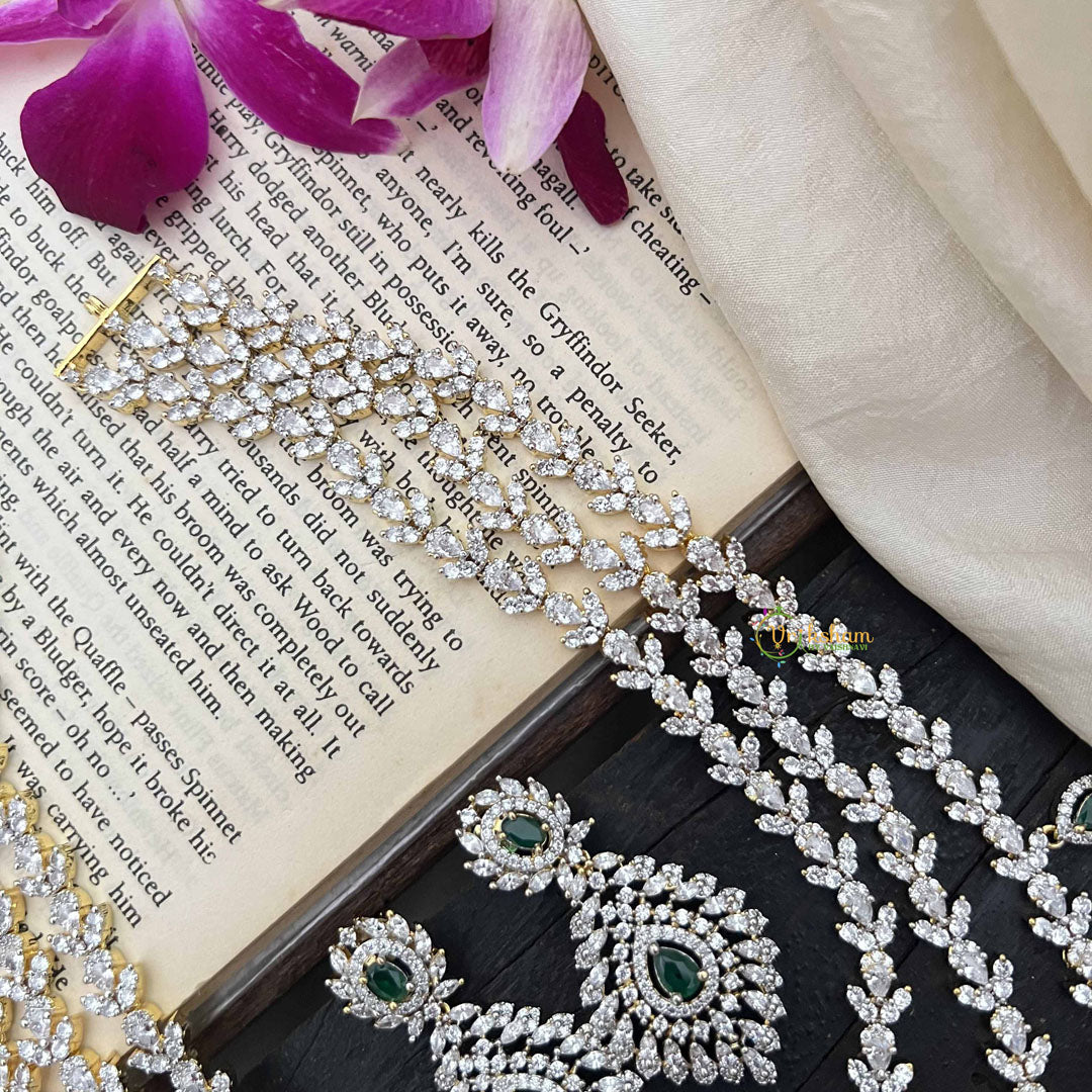 Vriksham Elegant Pear Drop Green Emerald & AD Stones 3 Layer Bridal Haram Neckpiece-G20219
