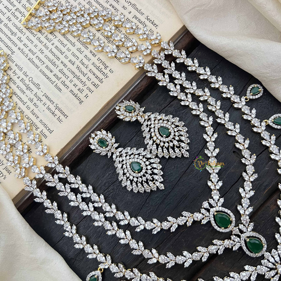 Vriksham Elegant Pear Drop Green Emerald & AD Stones 3 Layer Bridal Haram Neckpiece-G20219