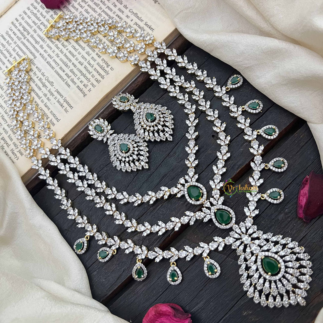 Vriksham Elegant Pear Drop Green Emerald & AD Stones 3 Layer Bridal Haram Neckpiece-G20219