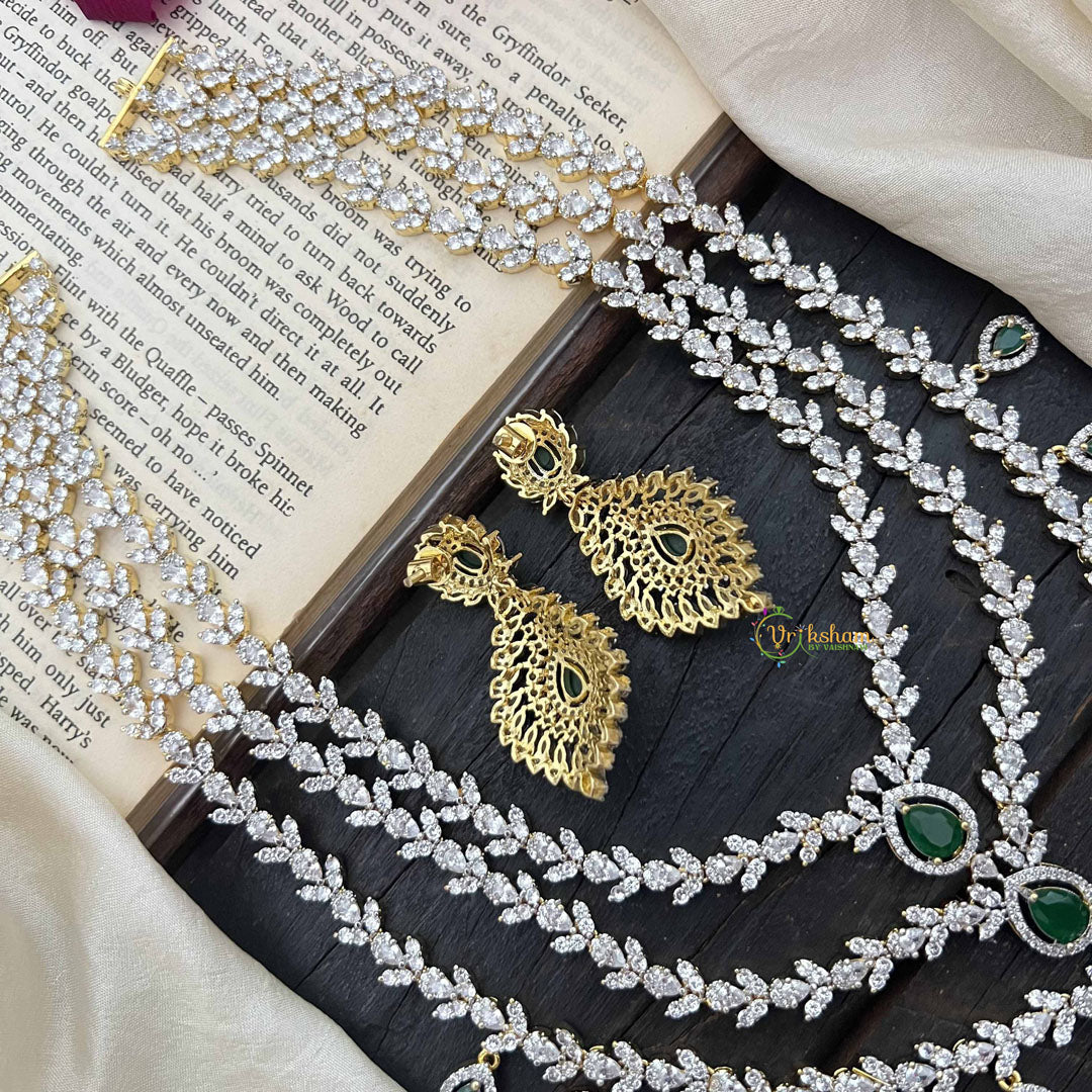 Vriksham Elegant Pear Drop Green Emerald & AD Stones 3 Layer Bridal Haram Neckpiece-G20219